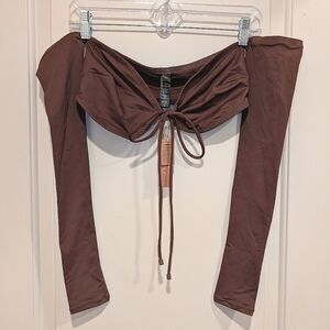 SKIMS Swim Cocoa Brown Off-Shoulder Long Sleeve Bikini Top Size Small